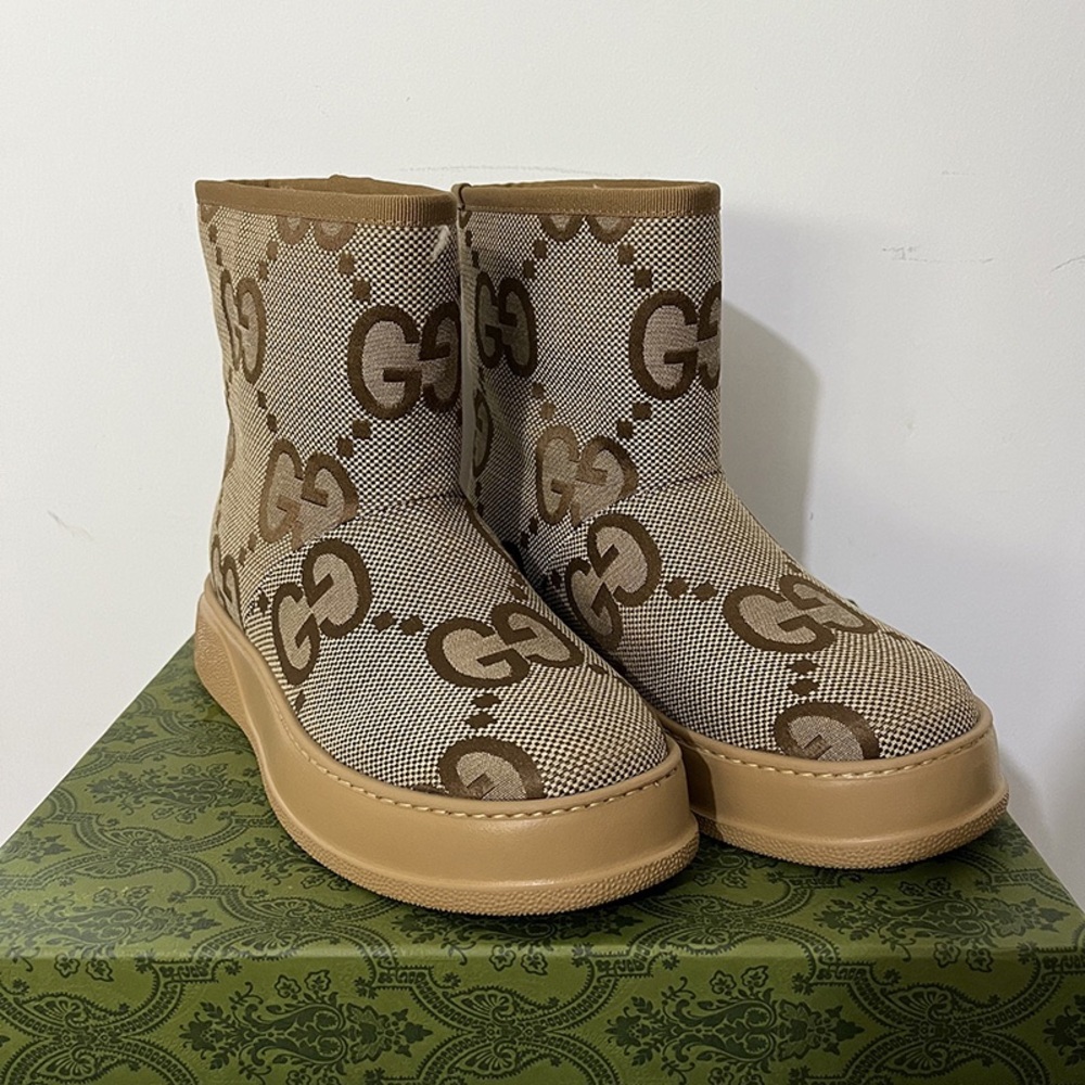 Gucci Brown Beige GG Canvas Platform Booties